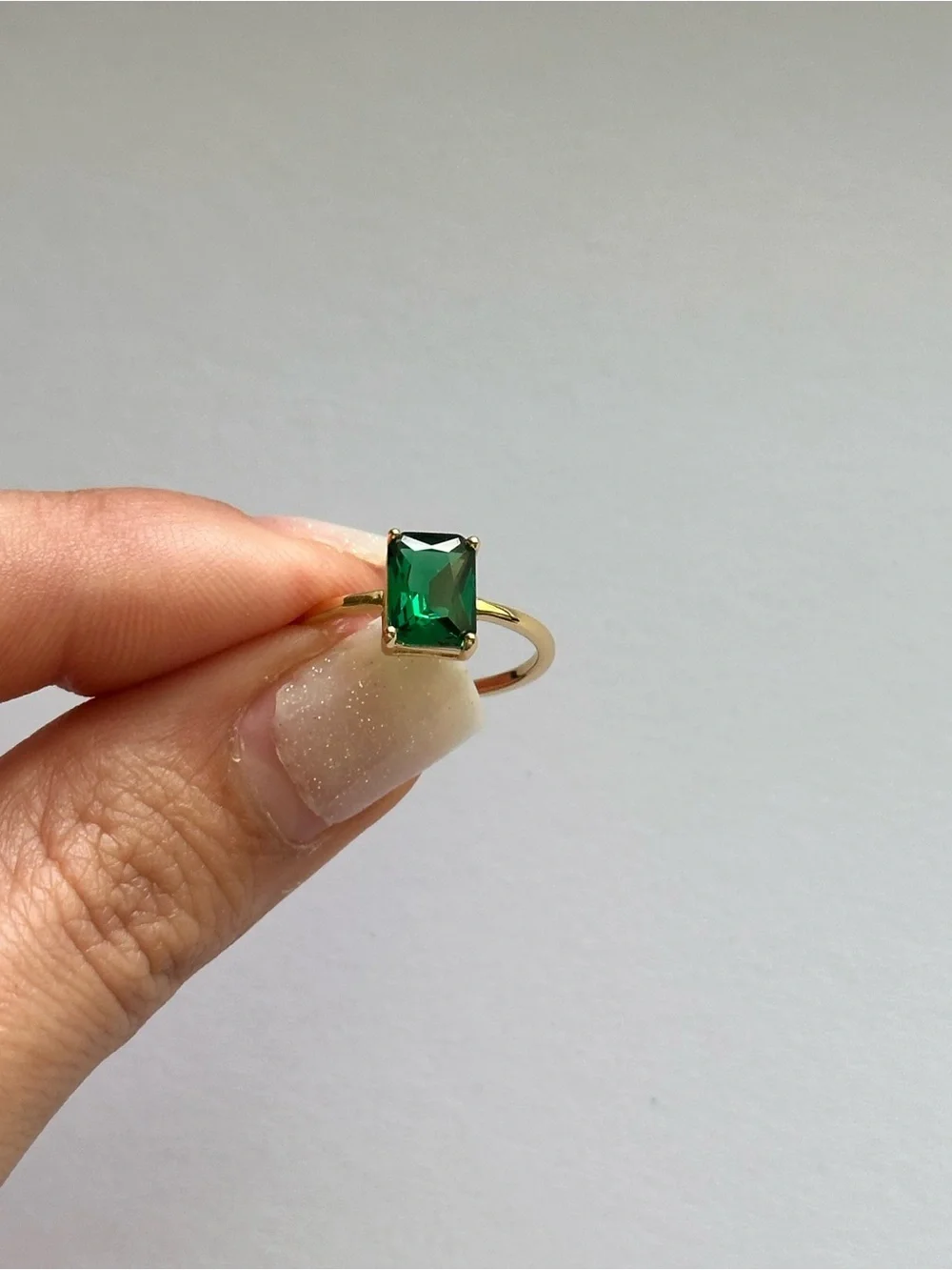 Anthropology 18K Gold Plated Ring with Emerald Green Rectangular Cubic Zirconia